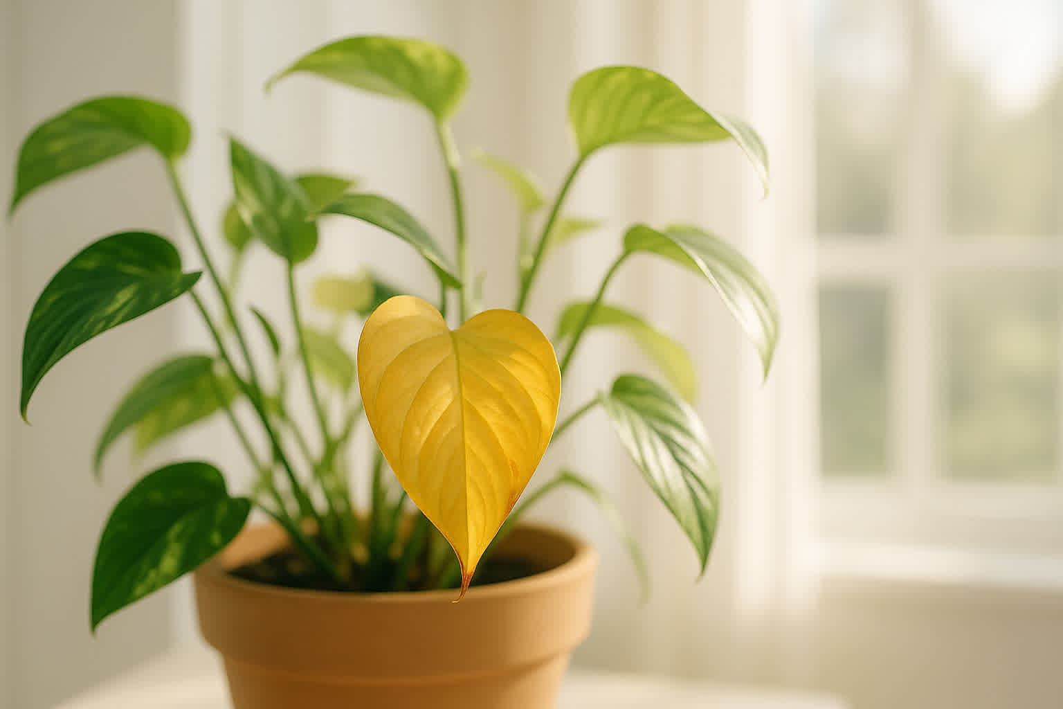Indoor plant leaves turning yellow due to overwatering and nutrient deficiency