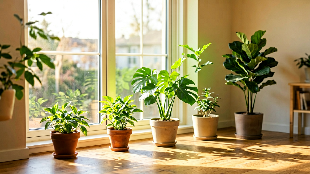 Houseplants at varying distances from a south-facing window, showing light gradient from bright direct to medium indirect to low light