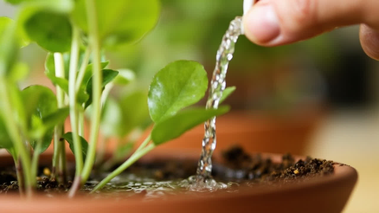 Hand watering a pothos plant in a ceramic pot, soil surface visible, water being absorbed