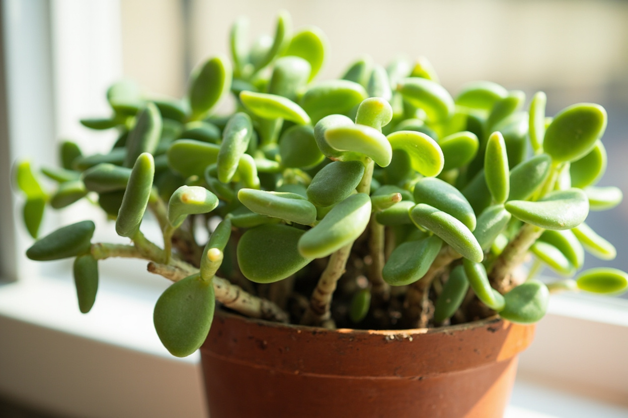 A jade plant in a terracotta pot during a root inspection step for revival