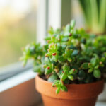 Healthy jade plant (Crassula ovata) in a terra cotta pot on a windowsill with soft morning light
