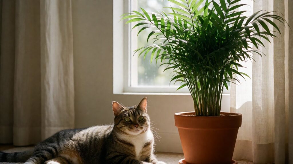 Parlor palm and a tabby cat in soft daylight