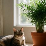 Parlor palm and a tabby cat in soft daylight