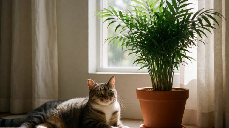 Parlor palm and a tabby cat in soft daylight