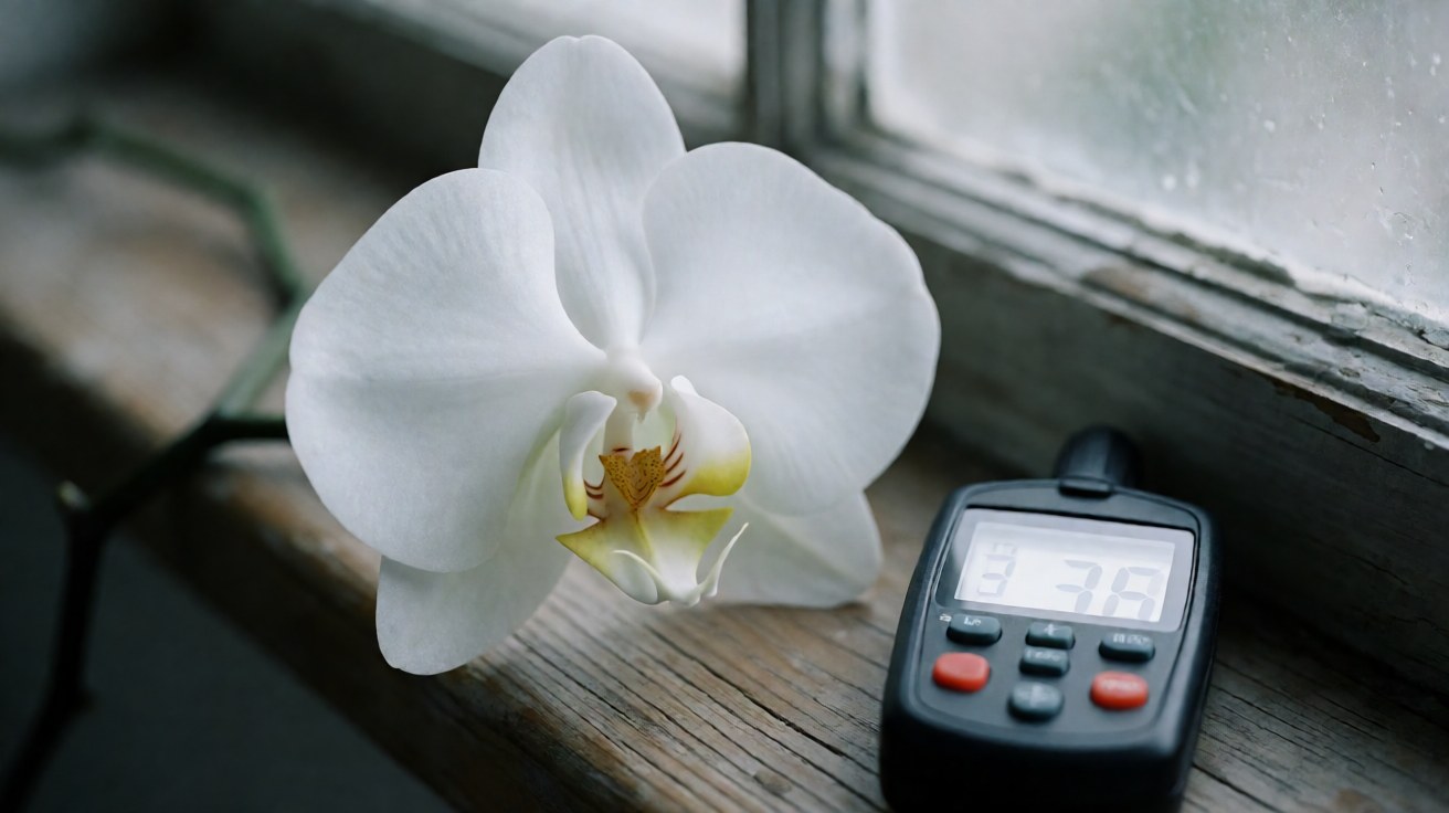 Phalaenopsis orchid flower beside a light meter reading near a north-facing window