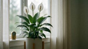 Mature peace lily (Spathiphyllum) with three white spathes beside a north window, photorealistic.