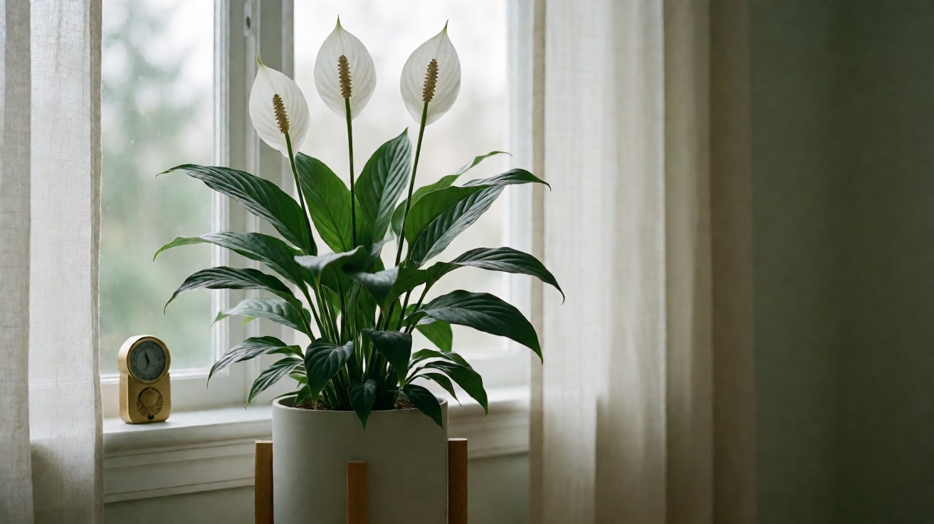 Mature peace lily (Spathiphyllum) with three white spathes beside a north window, photorealistic.