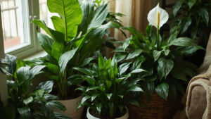 Collection of low-light houseplants including snake plant, pothos, and ZZ plant