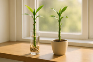 Lucky bamboo stalks growing side by side one in water with pebbles and one in soil in a ceramic pot