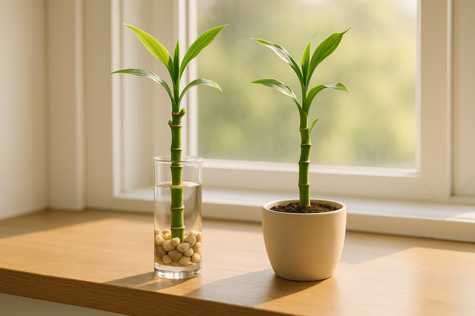 Lucky bamboo stalks growing side by side one in water with pebbles and one in soil in a ceramic pot