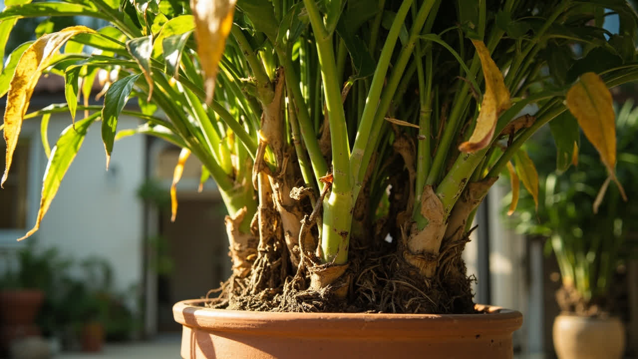 Step-by-step mass cane repotting showing damaged roots being trimmed away from healthy white tissue