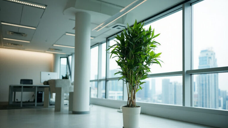 Mass Cane Plant in Singapore office low light environment beside modern workstation fluorescent lighting
