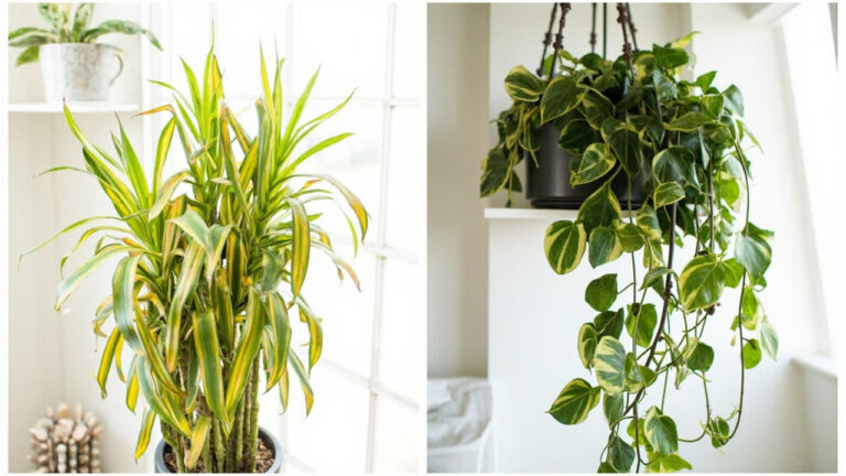 Mass Cane Plant vs Pothos comparison upright architectural cane plant versus trailing vine for indoor spaces