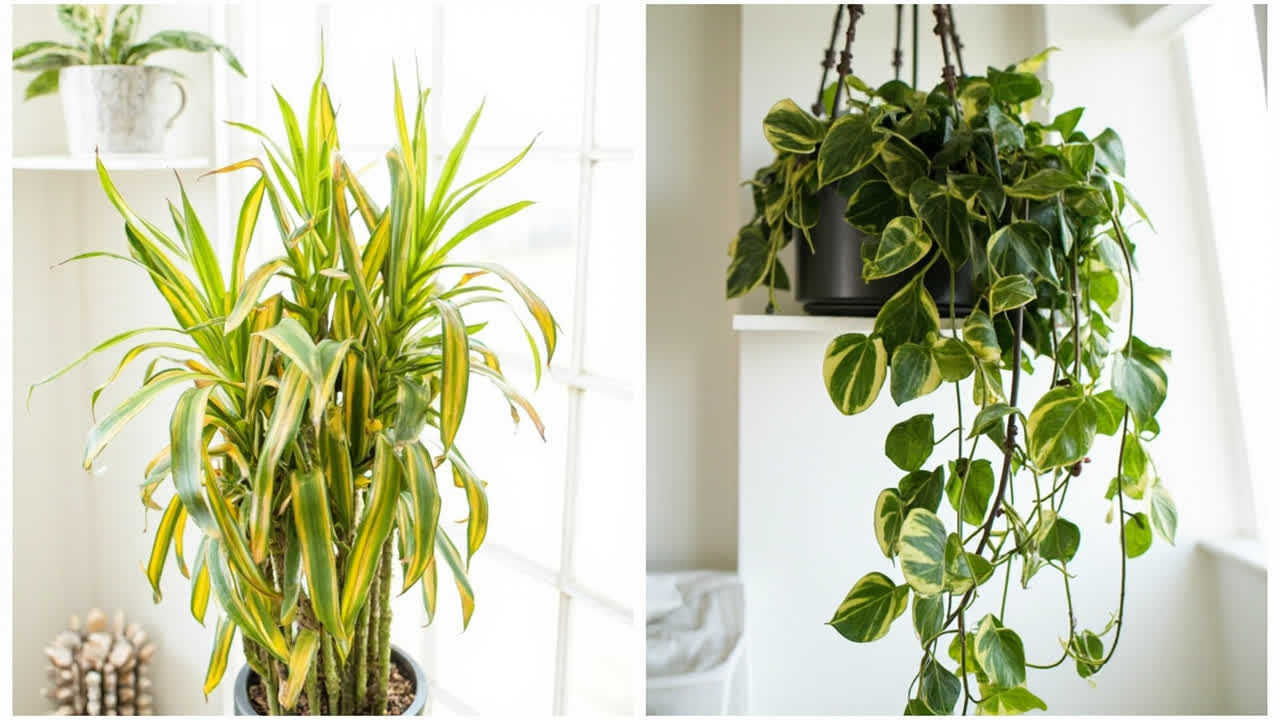 Mass Cane Plant vs Pothos comparison upright architectural cane plant versus trailing vine for indoor spaces