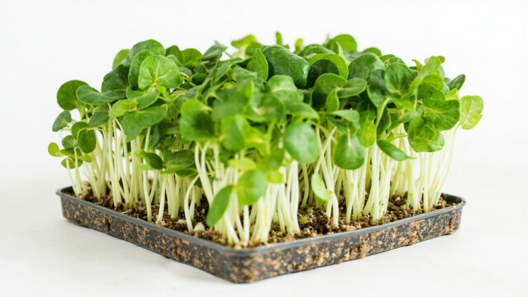Microgreens tray beside coco coir, seed-starting mix, and fiber mat options for choosing a growing medium.