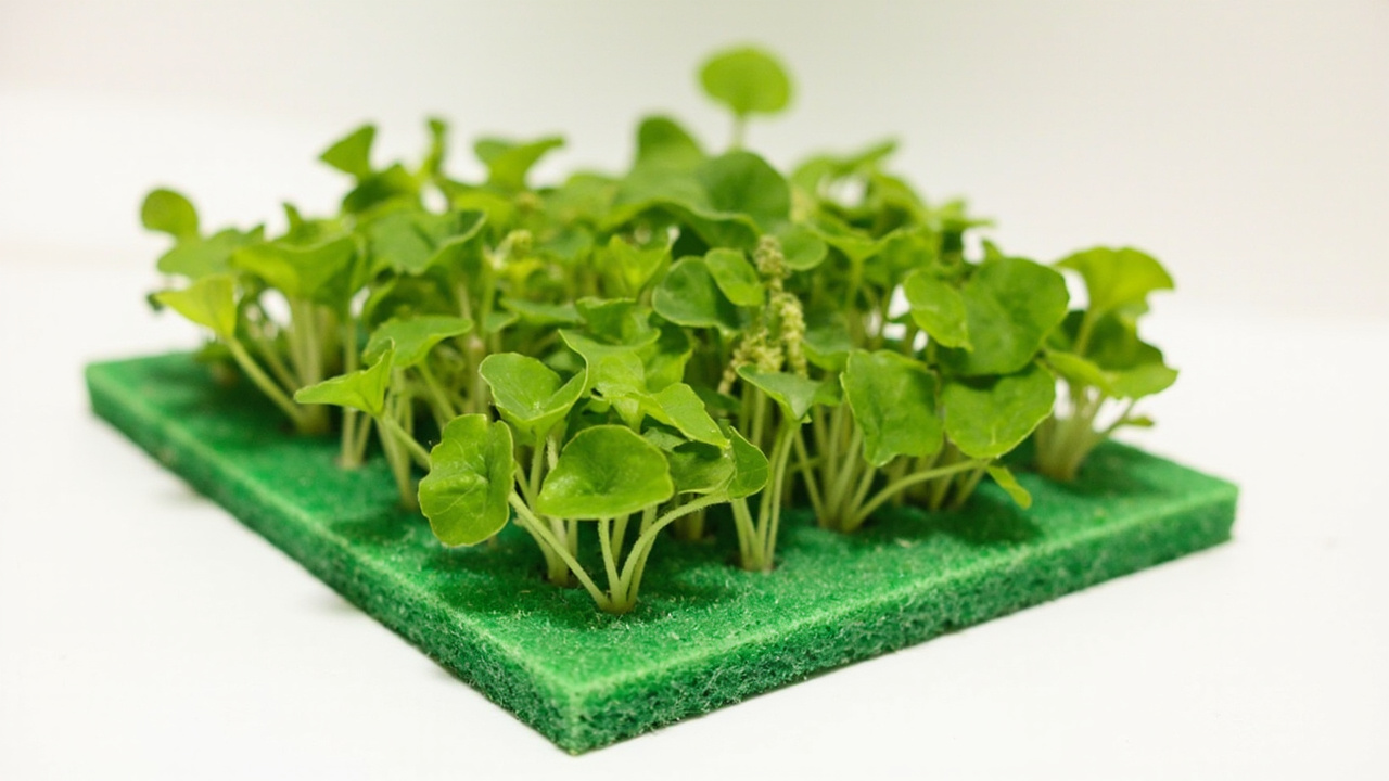 Microgreens tray with a small fuzzy mold patch near crowded seedlings.