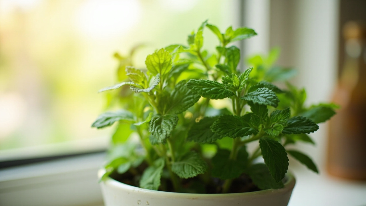 Indoor mint plant growing in a small pot near a bright kitchen window