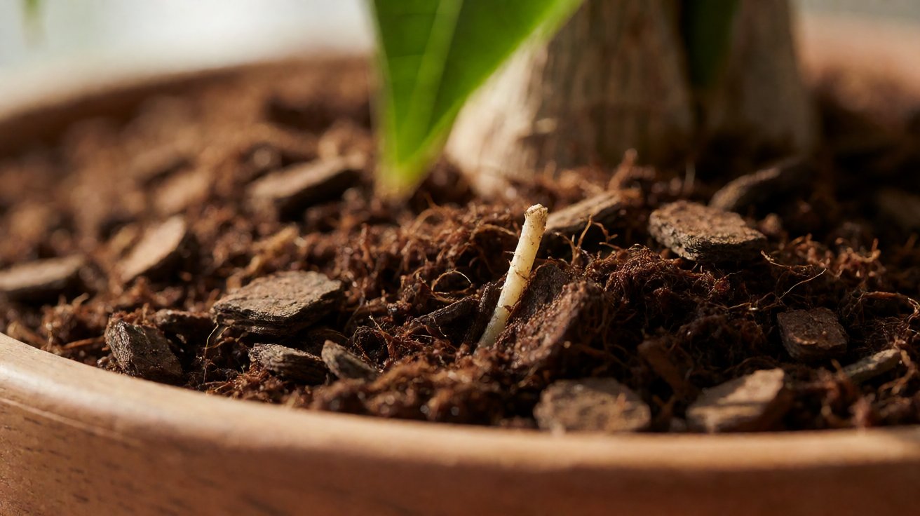 Peat-bark substrate surface with single pale root tip emerging from money tree pot