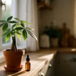 Young Pachira aquatica money tree in terracotta pot on sunlit windowsill with amber glass fertilizer dropper beside