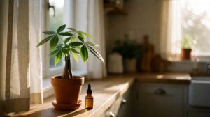 Young Pachira aquatica money tree in terracotta pot on sunlit windowsill with amber glass fertilizer dropper beside