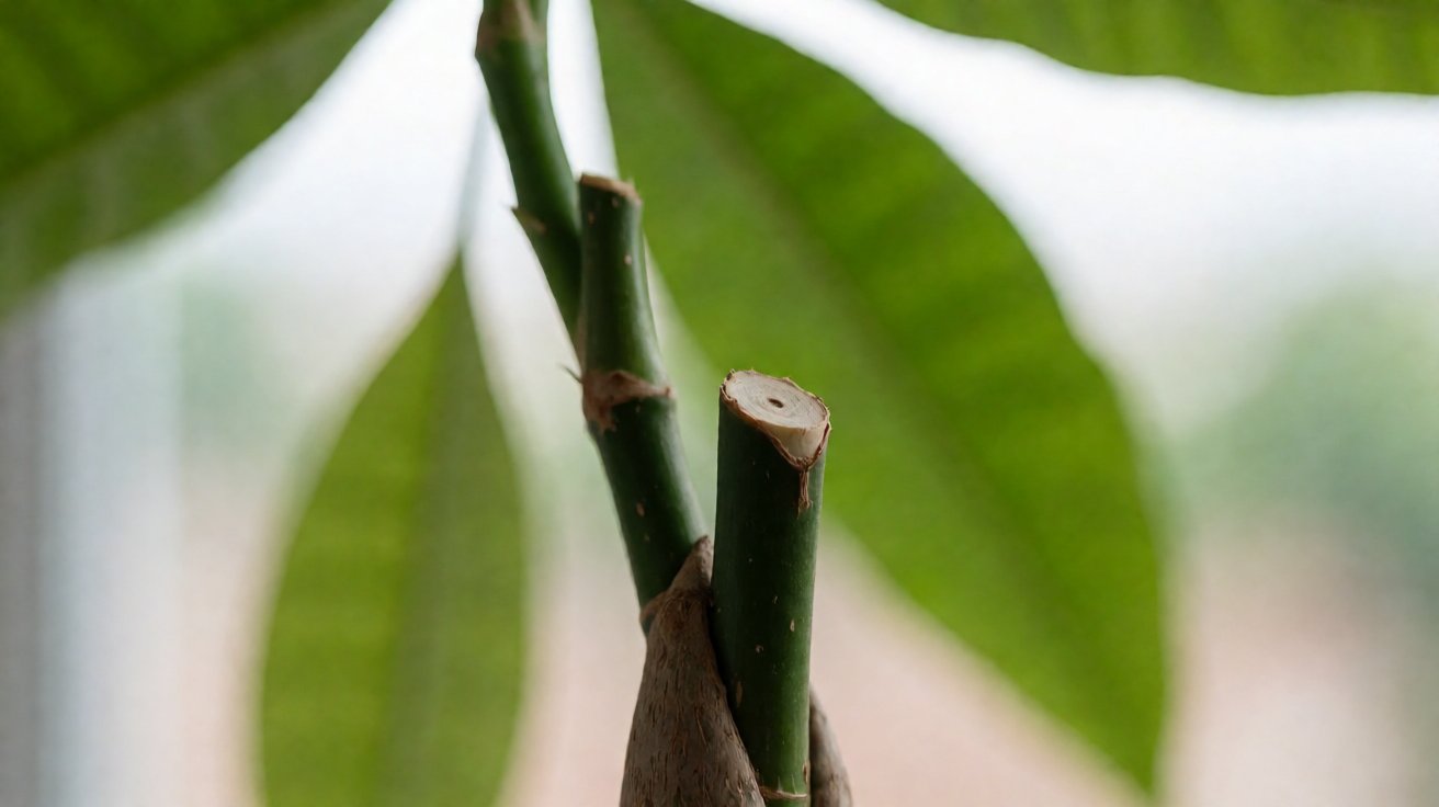 Money tree stem cut just above a leaf node showing callus formation