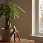 Money tree in a pot with sharp bypass pruners on a wooden table by a window, late winter morning light