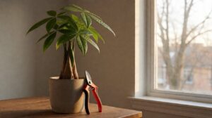 Money tree in a pot with sharp bypass pruners on a wooden table by a window, late winter morning light