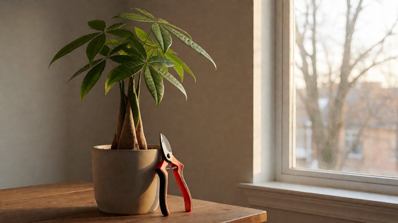 Money tree in a pot with sharp bypass pruners on a wooden table by a window, late winter morning light