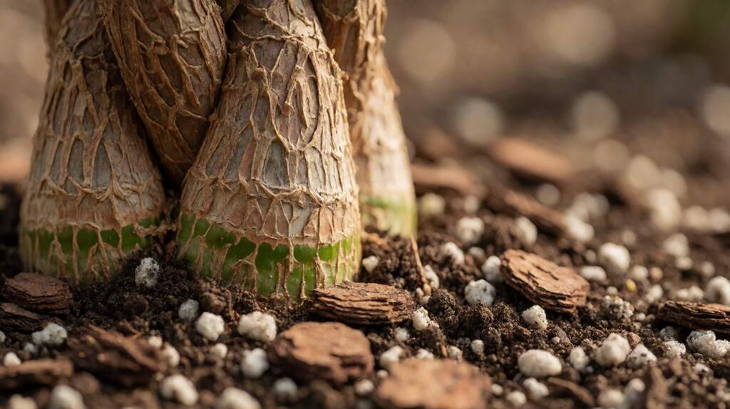 Close-up of a money tree (Pachira aquatica) caudex sitting two centimeters above the soil line in a terracotta pot, showing the braided bark texture and the loose peat-bark-perlite soil mix.