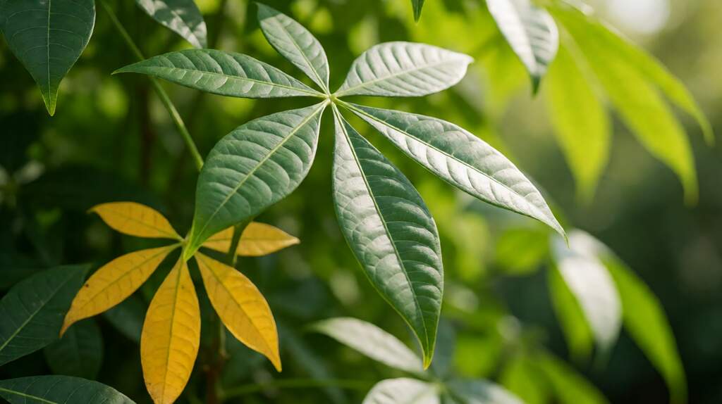 A money tree (Pachira aquatica) sitting on a pot stand one meter back from a cold window with natural daylight, palmate leaves in focus against a softly blurred curtain.