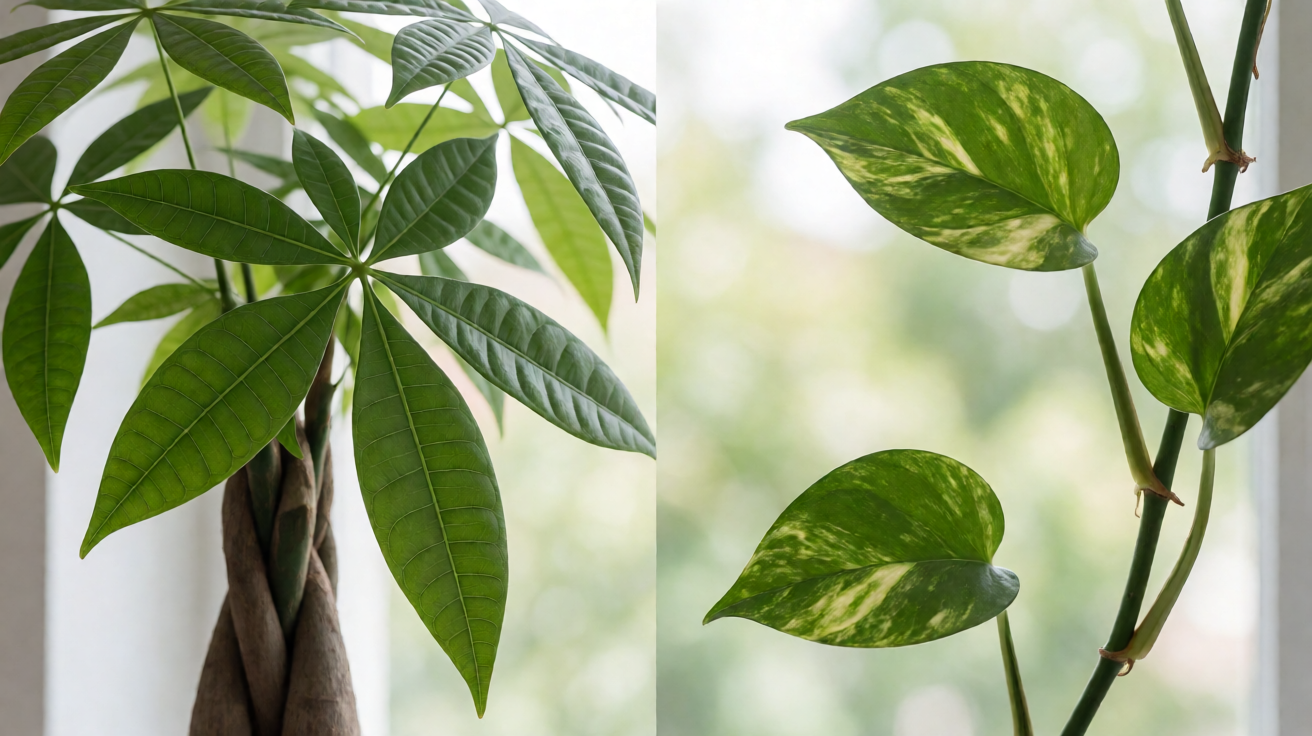 Money tree braided trunk on the left, money plant trailing vine on the right