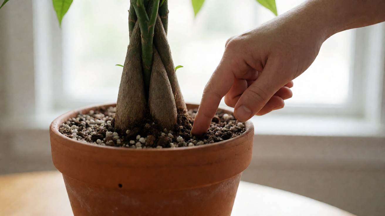 Money tree dryness test and seasonal watering rhythm diagram