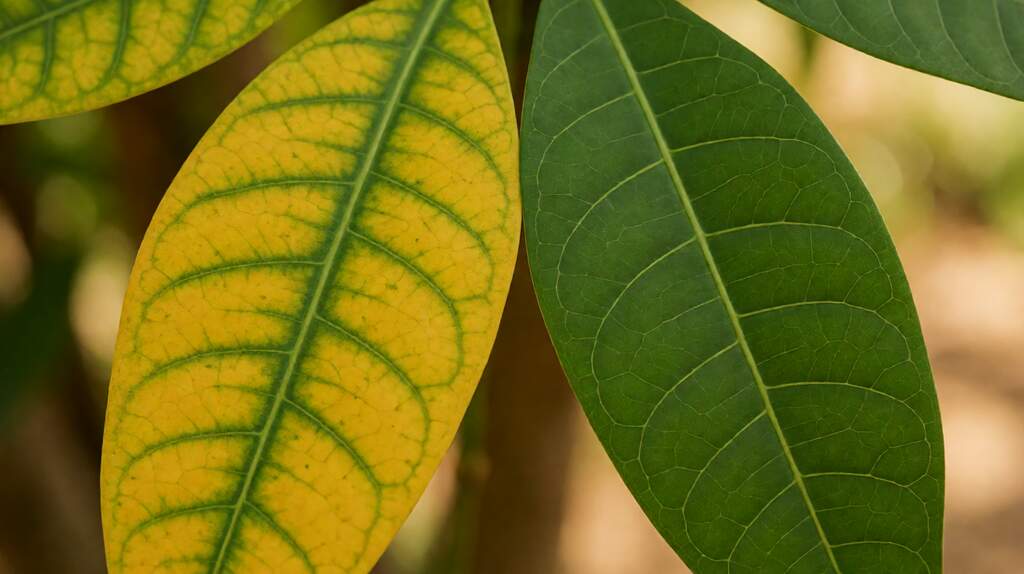 Two adjacent money tree (Pachira aquatica) palmate leaflets in close-up, one yellow with green veins (interveinal chlorosis) and the other fully green, sharp focus on the contrast.