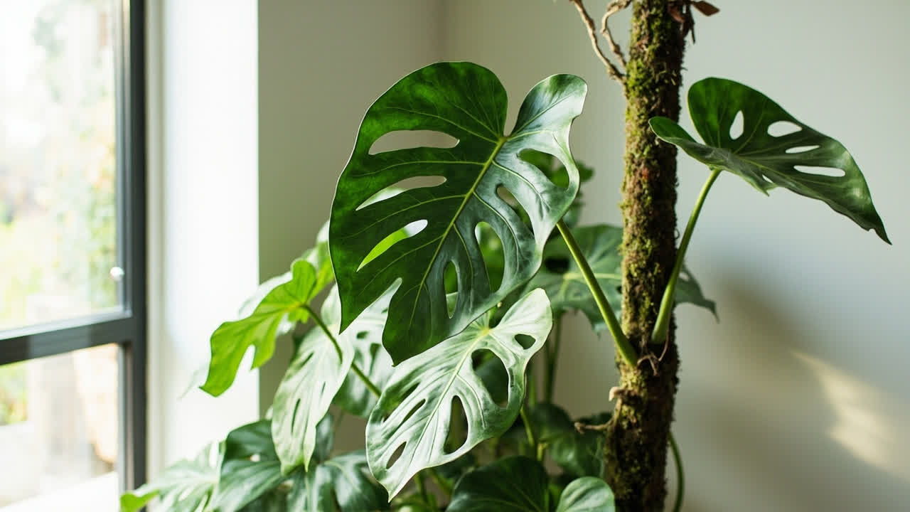 Monstera deliciosa plant with large split Swiss cheese leaves growing up a moss pole