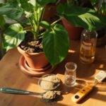 Monstera deliciosa in a terracotta pot with slow-release granular fertilizer, a glass of dilute liquid fertilizer, and a moisture meter on a wooden table.