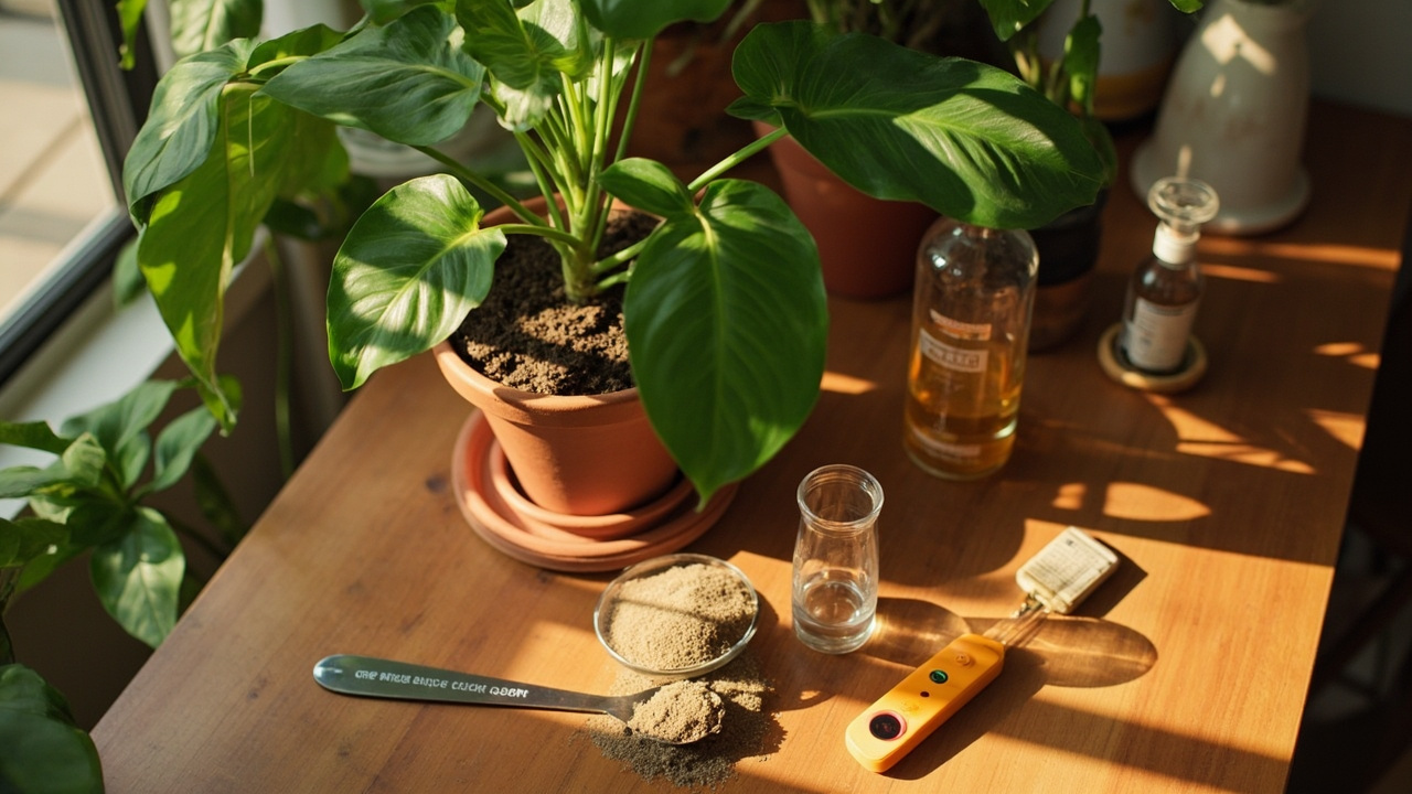 Monstera deliciosa in a terracotta pot with slow-release granular fertilizer, a glass of dilute liquid fertilizer, and a moisture meter on a wooden table.