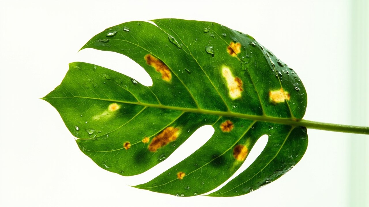 Monstera leaf with early-stage bacterial leaf spot and water droplets, clinical botanical photograph