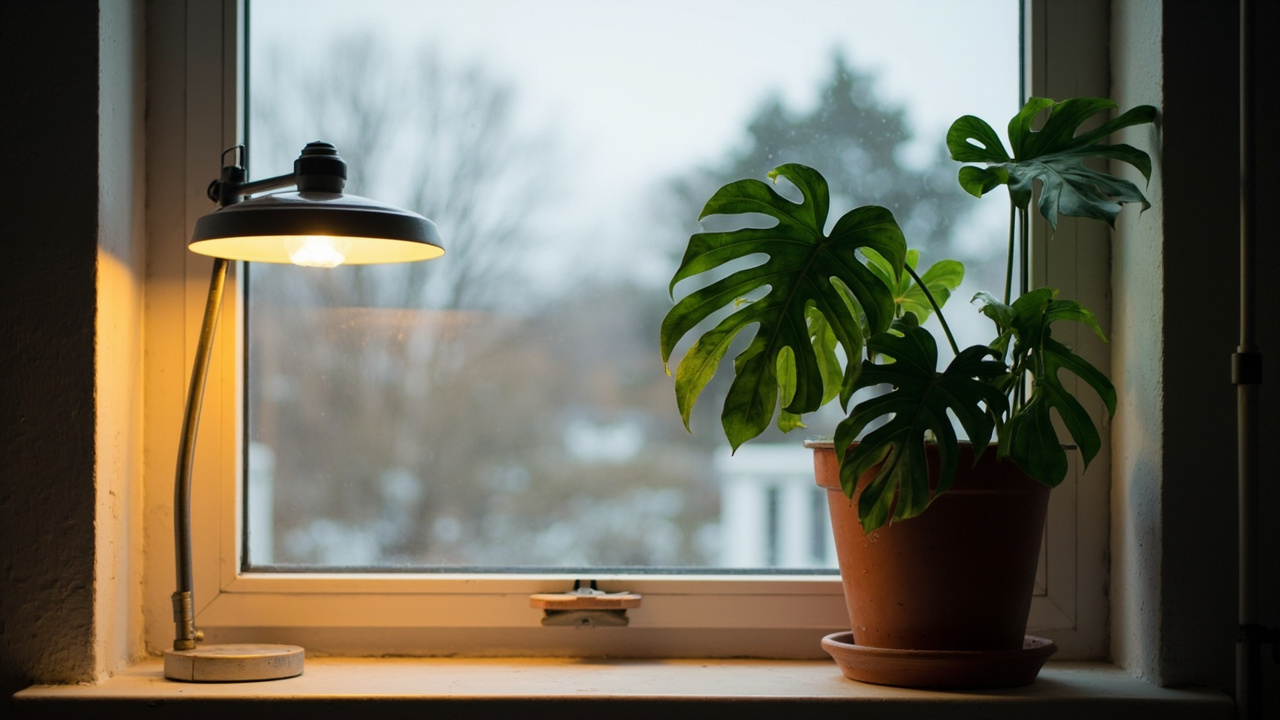 Indoor Monstera on a winter windowsill with a soft grow lamp glow above the fenestrated leaves