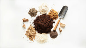 Flat-lay of monstera soil ingredients including potting mix, perlite, orchid bark, coco coir, worm castings, and pine bark pieces with a hand trowel on a white surface.