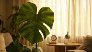 A monstera deliciosa leaf in a warm living room with a small analog thermometer on a side table, soft warm light from a window with sheer curtains.