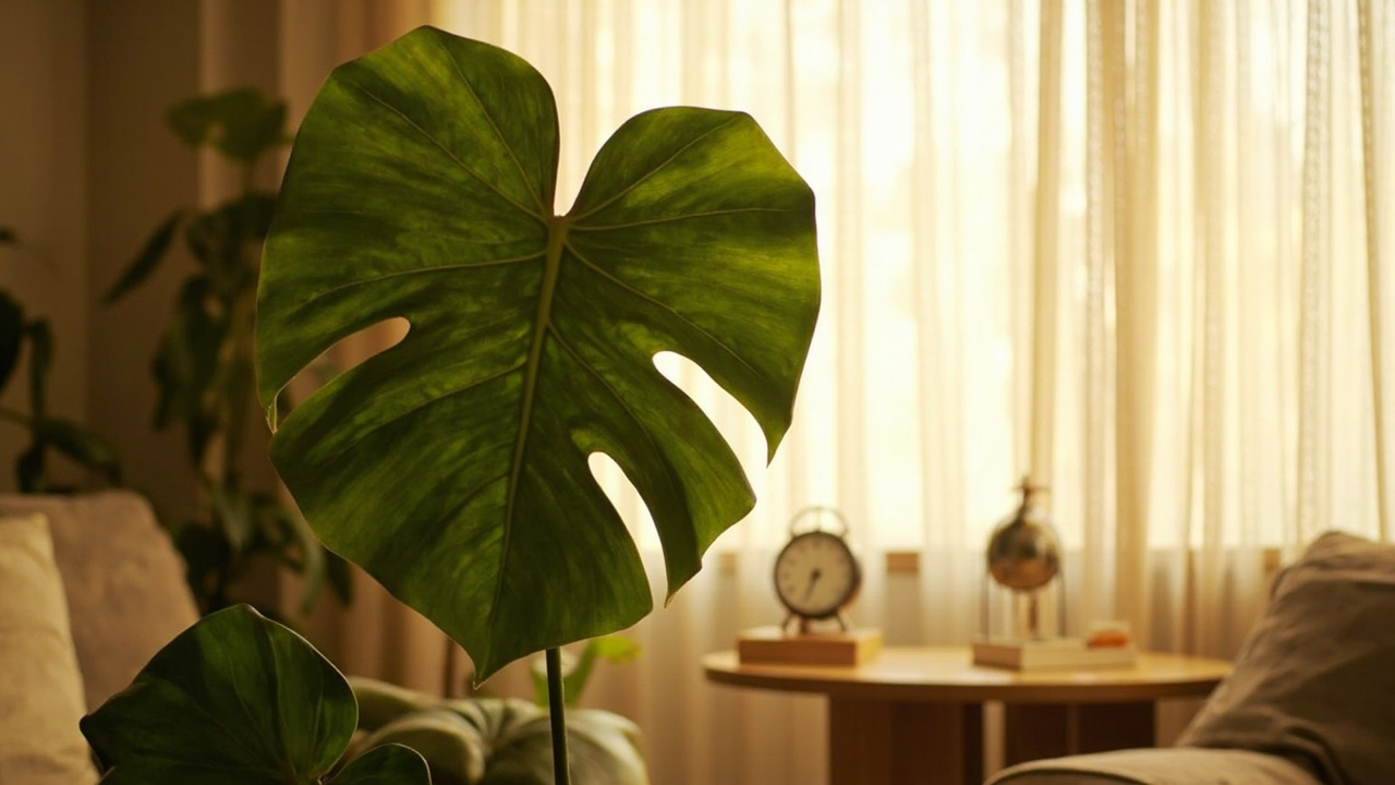 A monstera deliciosa leaf in a warm living room with a small analog thermometer on a side table, soft warm light from a window with sheer curtains.