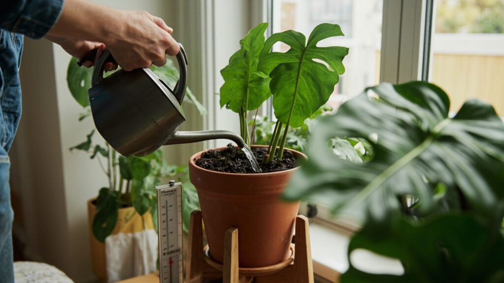 A long-spout watering can pours water into a terracotta-potted monstera on a wooden plant stand, with a moisture meter beside the pot, soft natural daylight from a window.