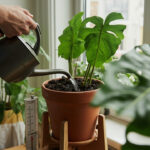 A long-spout watering can pours water into a terracotta-potted monstera on a wooden plant stand, with a moisture meter beside the pot, soft natural daylight from a window.