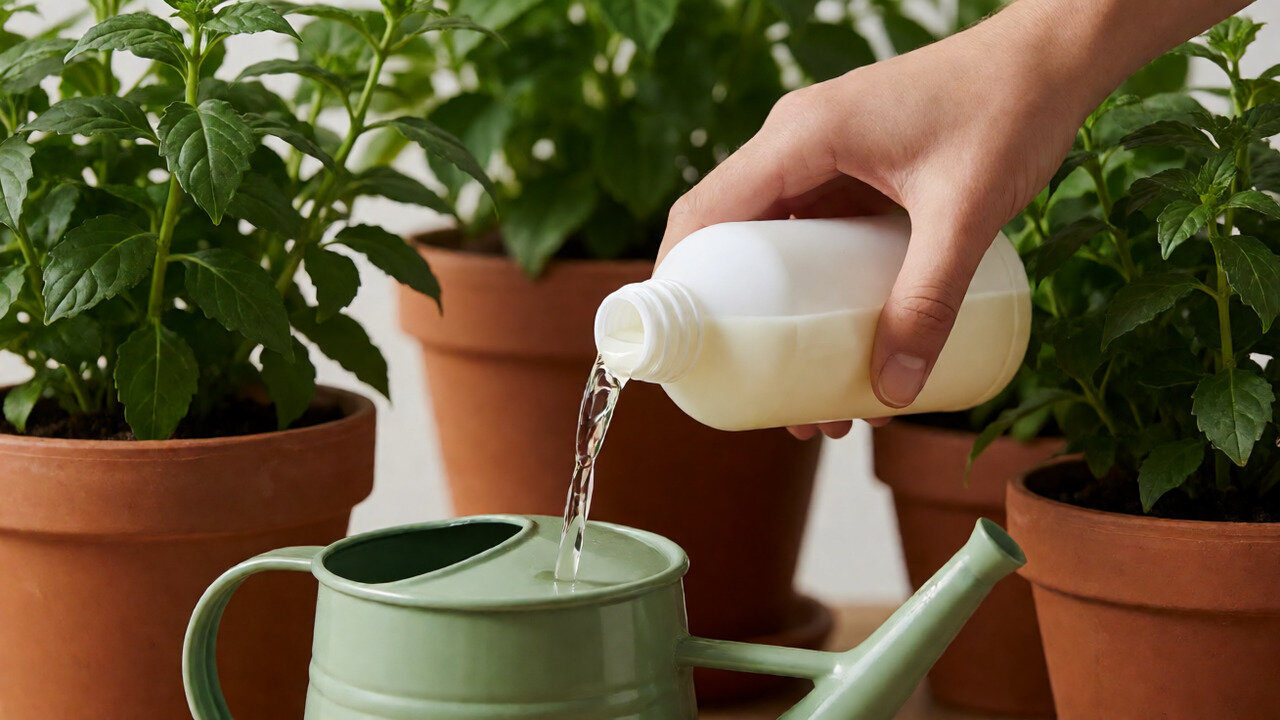 Container plants on a patio being watered with diluted liquid fertilizer