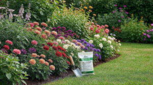 A garden bed full of colorful blooming flowers with a bag of 10-10-10 fertilizer