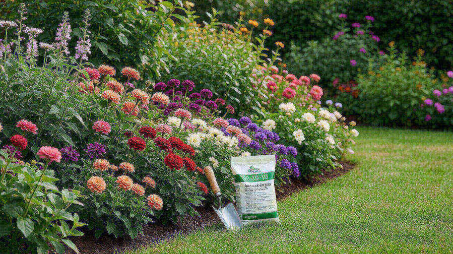 A garden bed full of colorful blooming flowers with a bag of 10-10-10 fertilizer