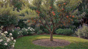 Small fruit tree in a backyard garden with ripe fruit and mulch ring