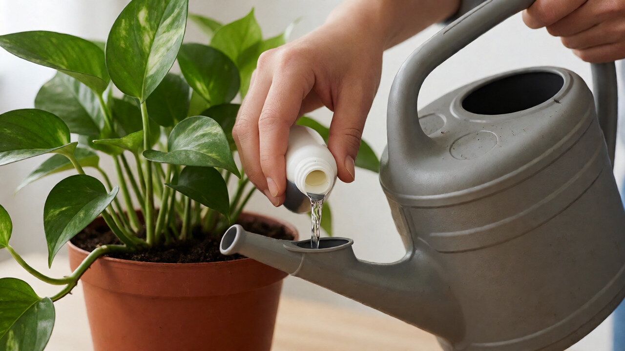 Diluted liquid fertilizer being poured into a small watering can for houseplants