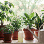 Collection of healthy houseplants on a windowsill with liquid fertilizer and watering can