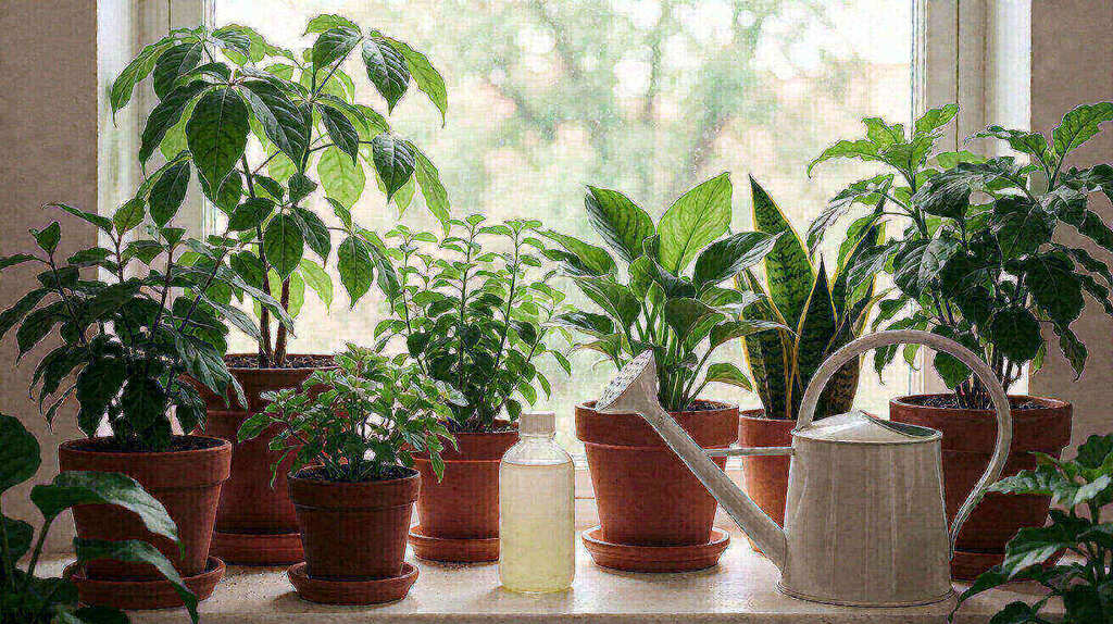 Collection of healthy houseplants on a windowsill with liquid fertilizer and watering can